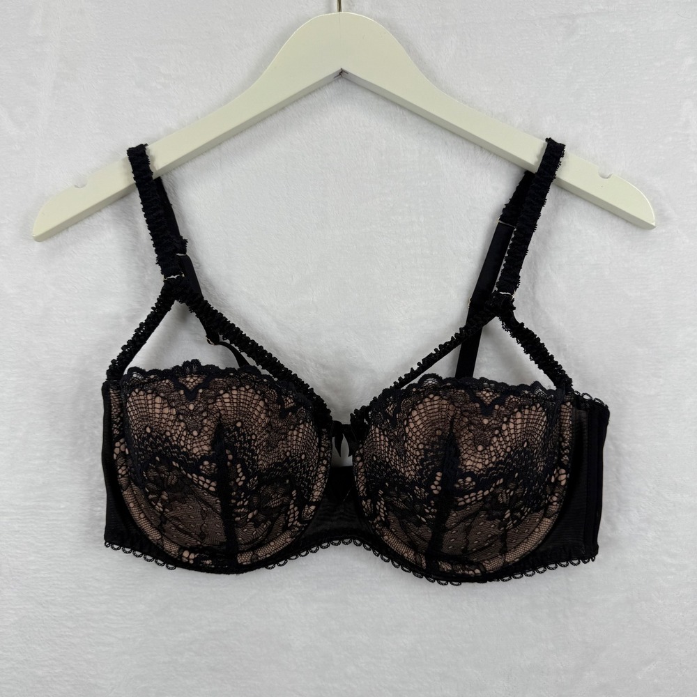 ADORE ME 36DD Black Lace Balconette Bra Nude Lining Strappy Detail